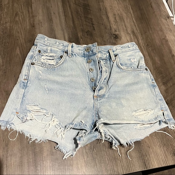 Agolde distressed light wash denim shorts - Picture 1 of 2
